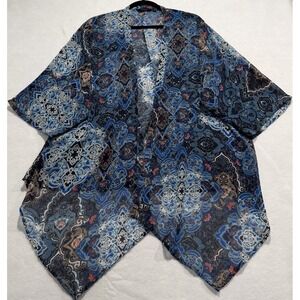 Paradigma Blue Medallion Print Sheer Kimono Lightweight Open Front Women's‎ M